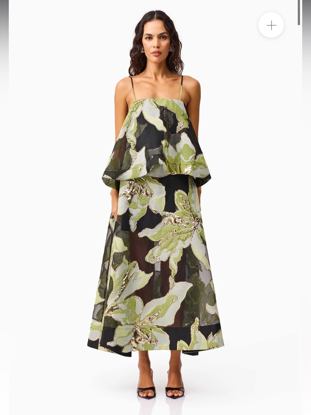 elliatt elysia black & green floral flared tiered maxi gown dress size small NEW
